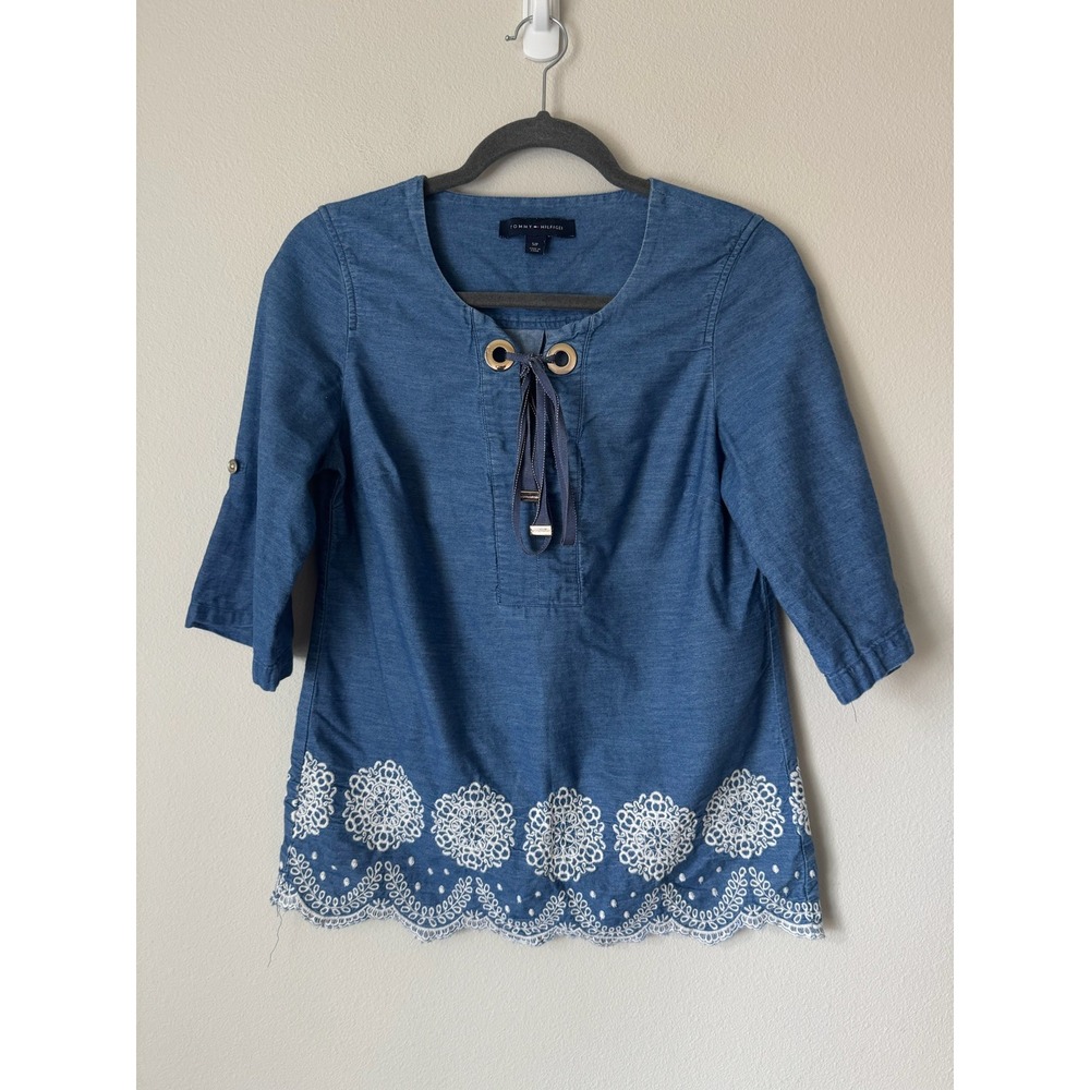 Tommy Hilfiger Womens Blue Cotton Eyelet Lace Up 3/4 Sleeve Blouse Top Small